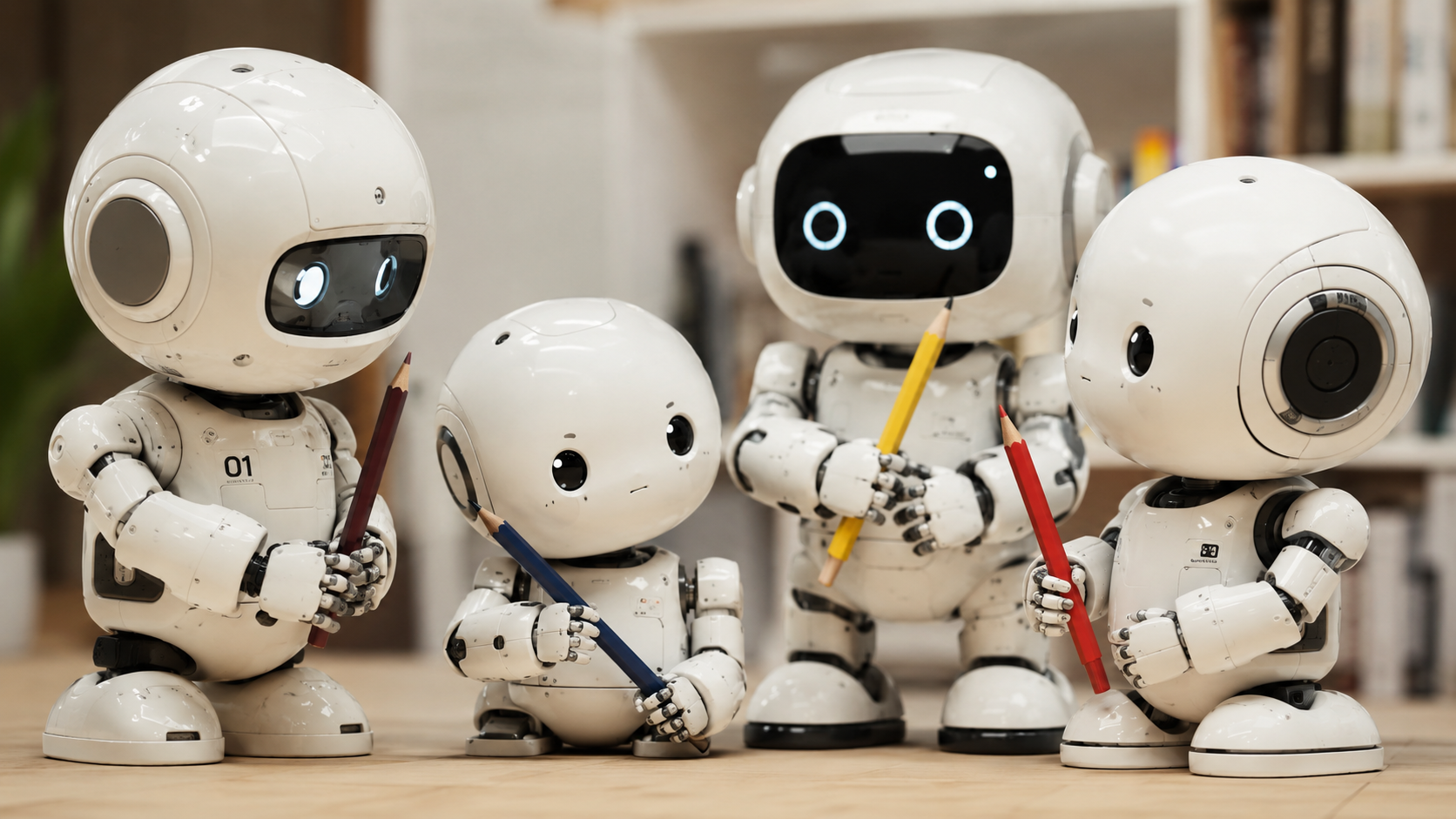 robots holding pencils and staring at each other.