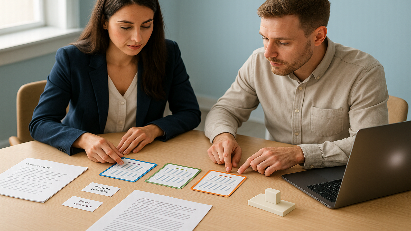 Two colleagues review three color-coded prompt cards and supporting documents beside a laptop at a meeting table.
