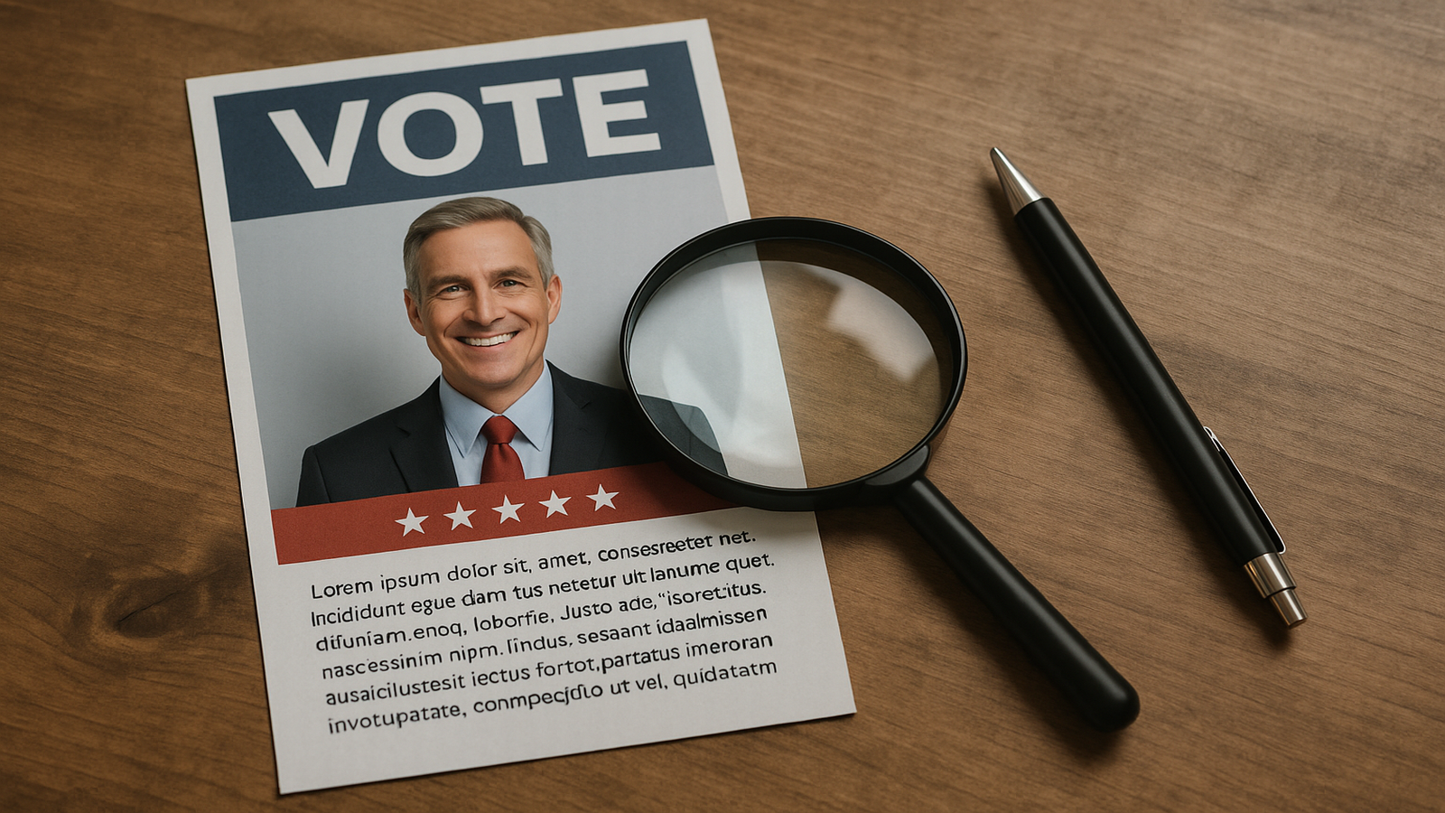 Campaign flyer labeled VOTE with a candidate portrait and placeholder text, examined under a magnifying glass beside a pen.