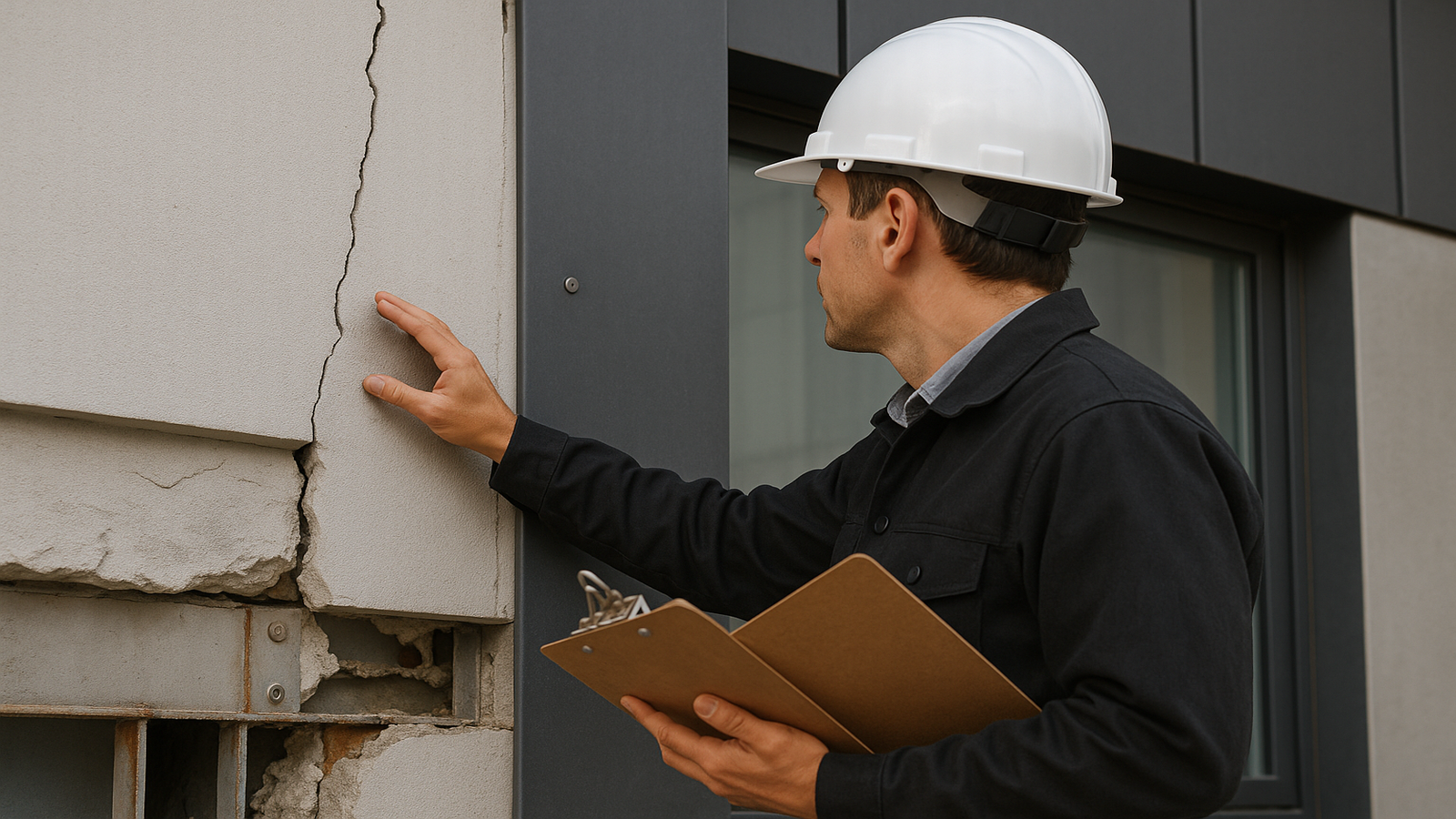 Inspector in a hard hat examines cracks and damaged exterior cladding with a clipboard, illustrating a readiness assessment that identifies fixable gaps.
