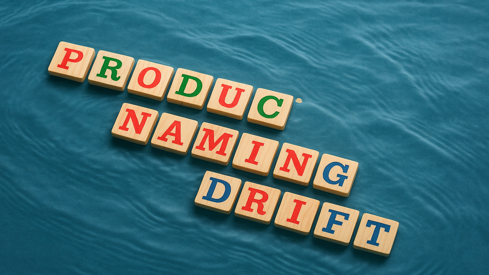 Wooden letter blocks spelling PRODUCT NAMING DRIFT on a blue textured surface, illustrating inconsistent product names.