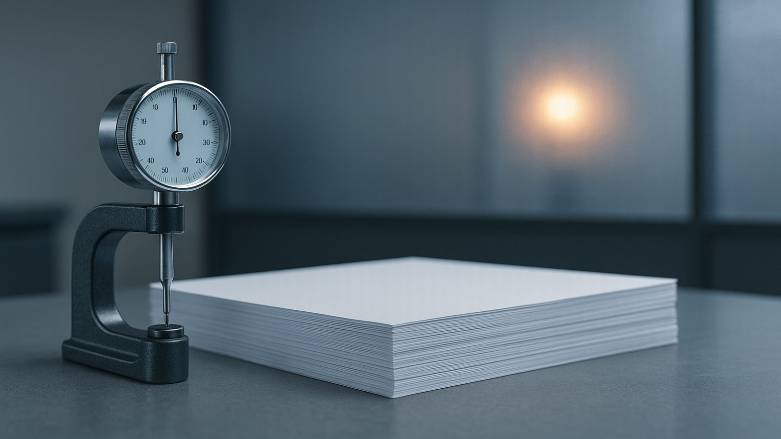 Precision dial gauge measuring a stack of paper, illustrating assessment of a webpage’s readiness to provide clear, trustworthy answers.