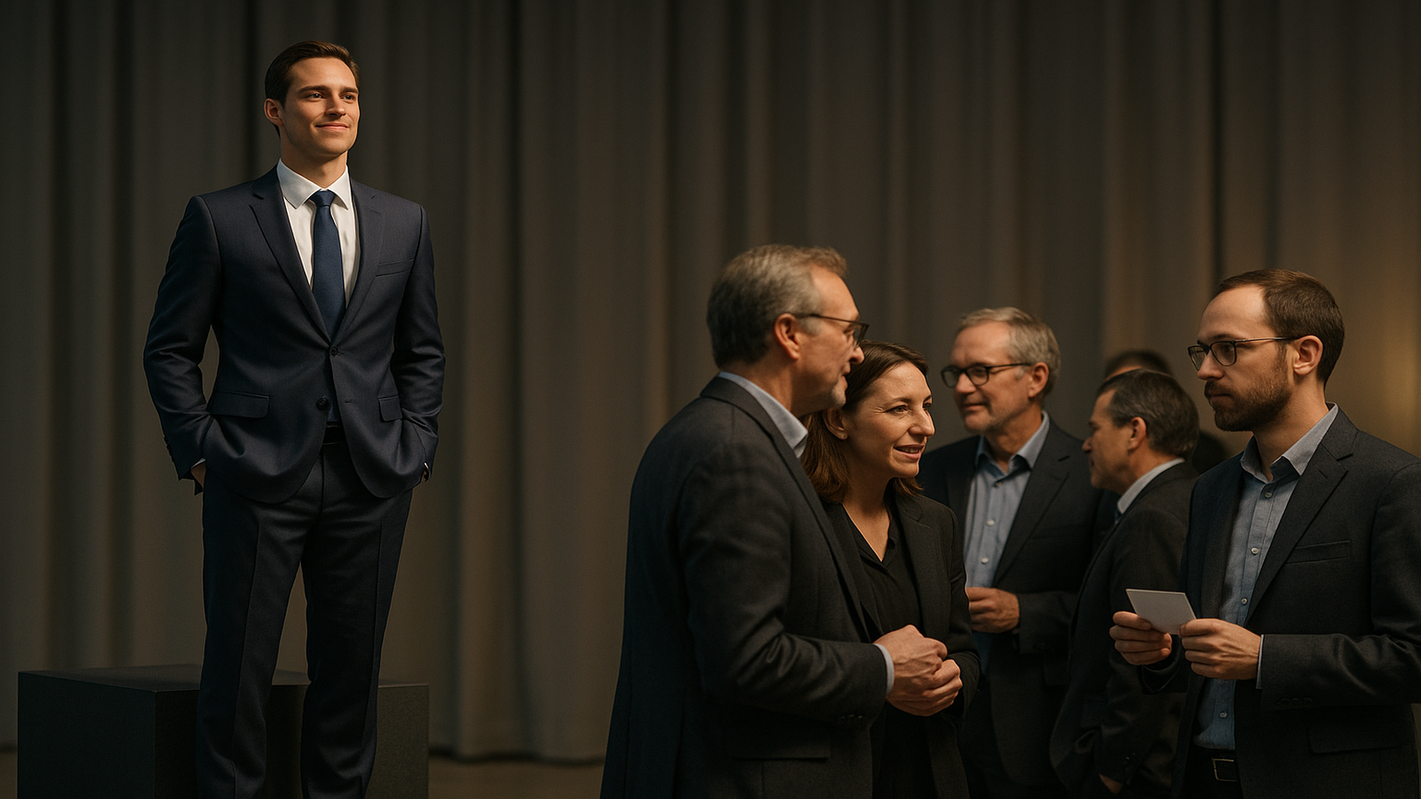 Man in a suit stands elevated apart from a group of businesspeople conversing below, illustrating visibility without inclusion.