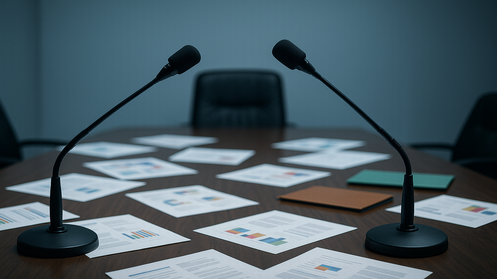 Two opposing tabletop microphones frame a conference table scattered with reports and charts, symbolizing conflicting content claims.